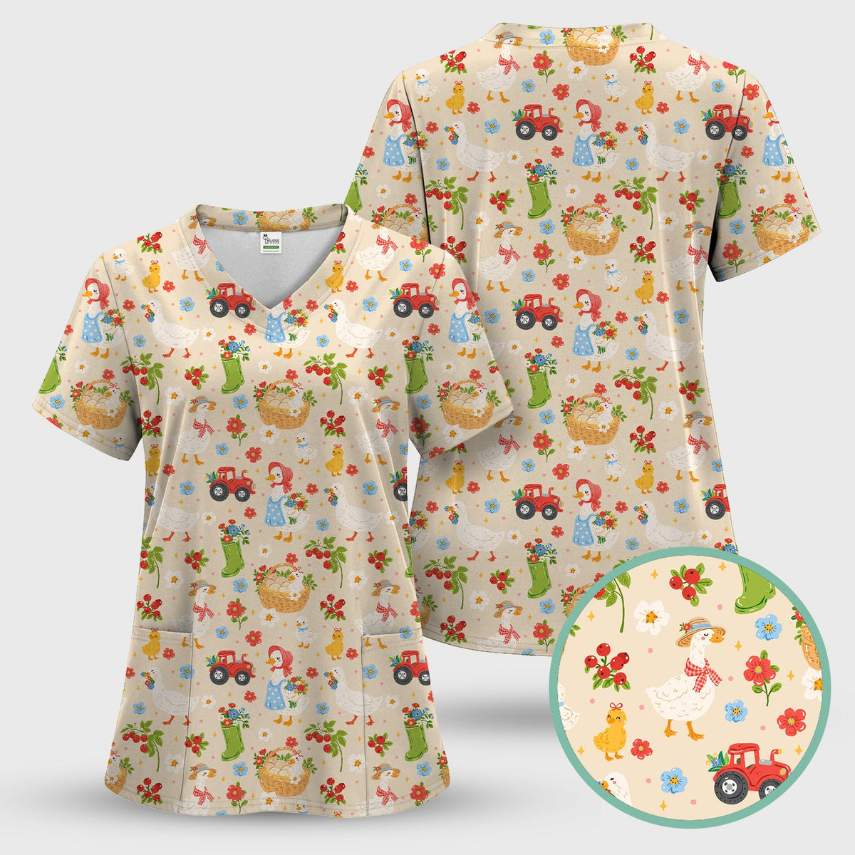 Farm Duck Chicken Tractor Flower Basket Nurse Scrub Top