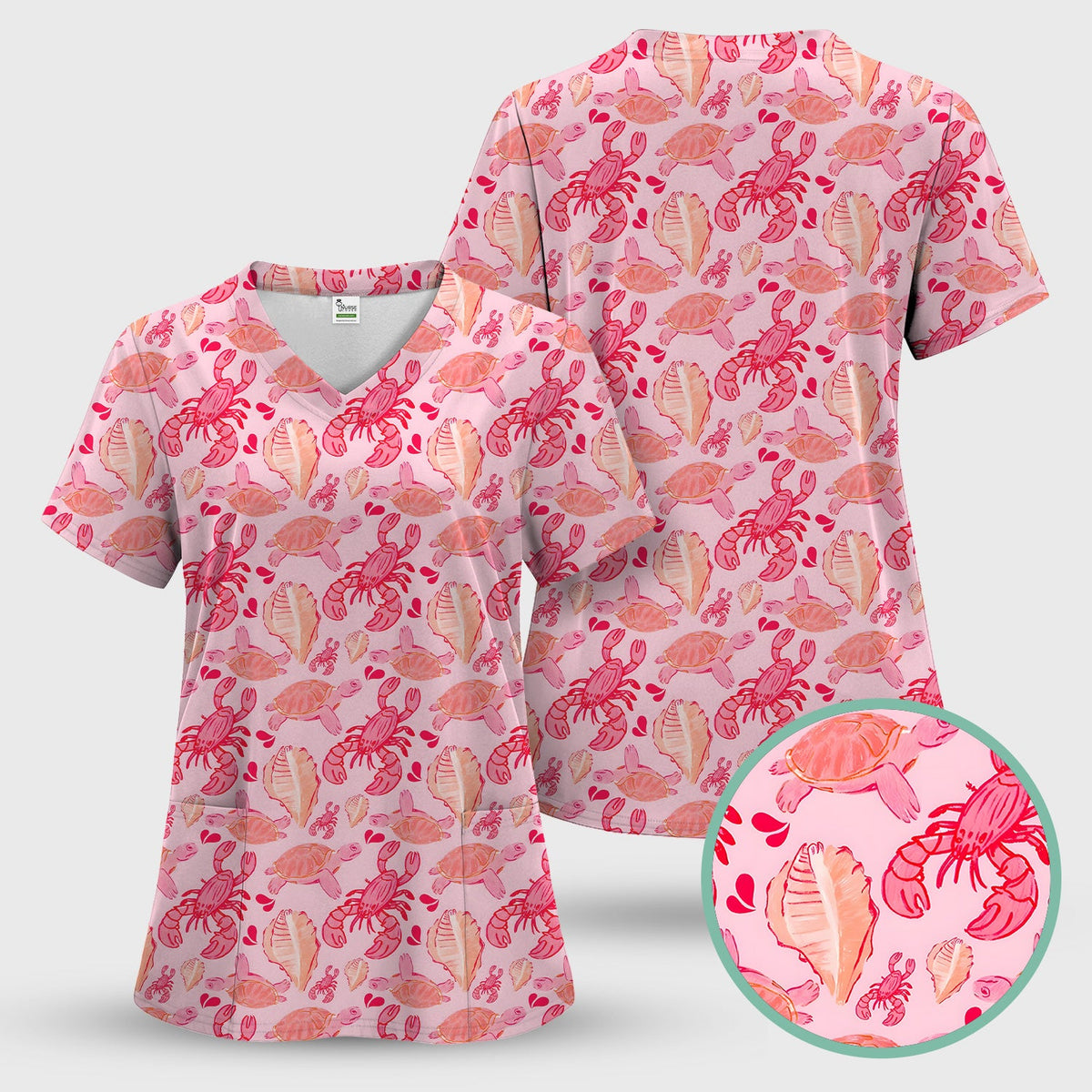 Pink Sea Turtle Lobster Shell Nurse Scrub Top