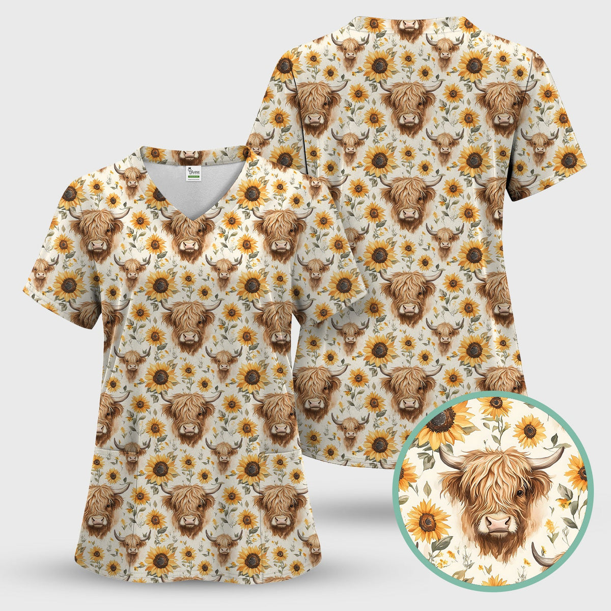 Highland Cow Sunflower Rustic Farmhouse Nurse Scrub Set