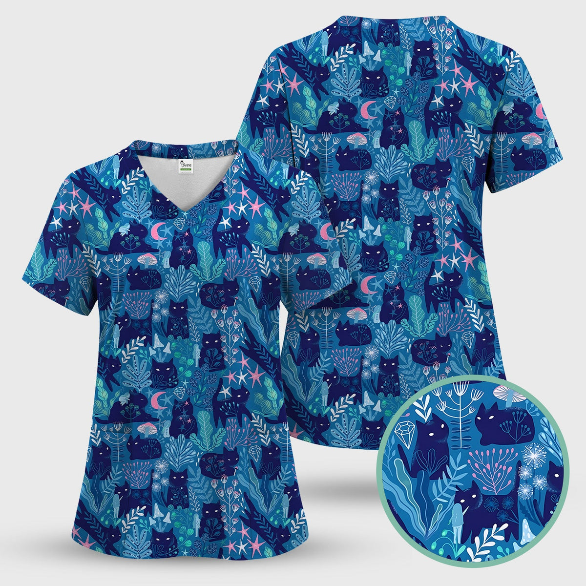 Adorable Celestial Cat Moon Star Nurse Scrub Set