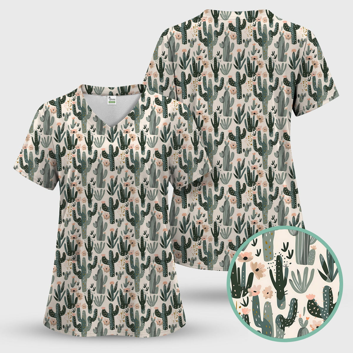 Green Cactus Desert Blossom Nurse Scrub Set