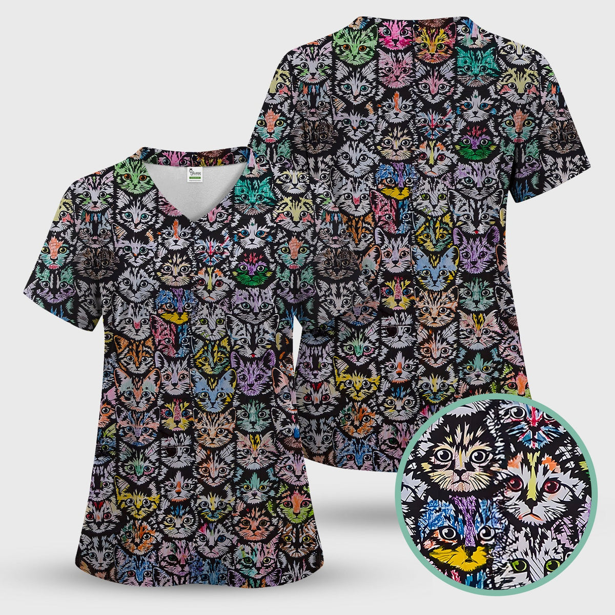 Colorful Cat Faces Nurse Scrub Top
