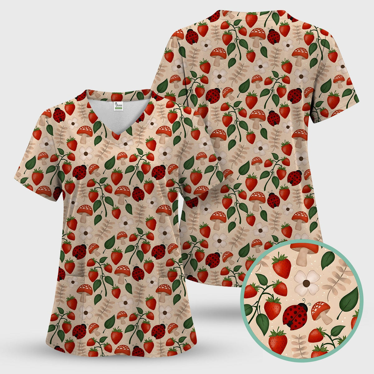 Strawberry Ladybug Mushroom Floral Nurse Scrub Set