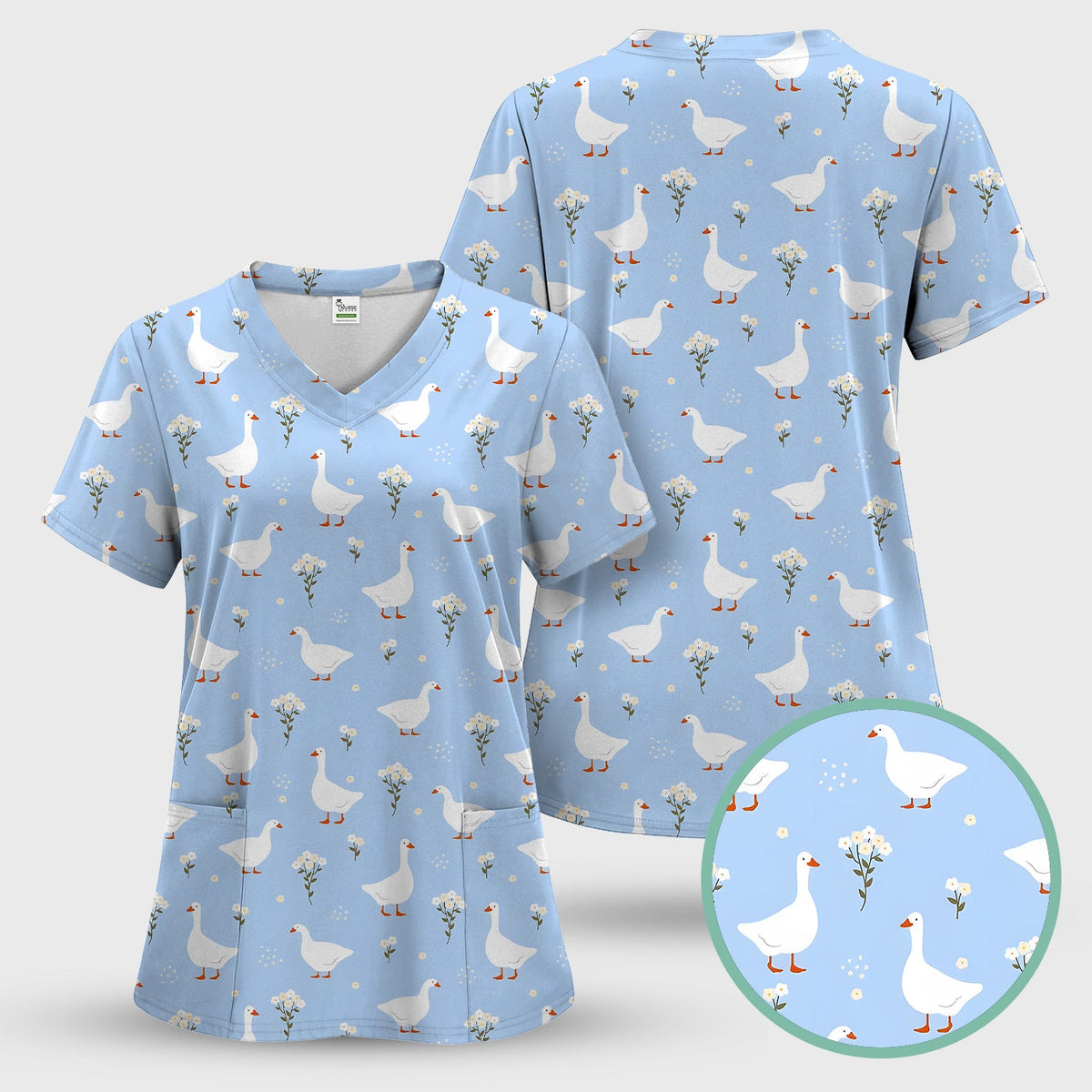 Blue Goose Floral Pattern Scrub Top, Comfortable Scrubs for Nurses