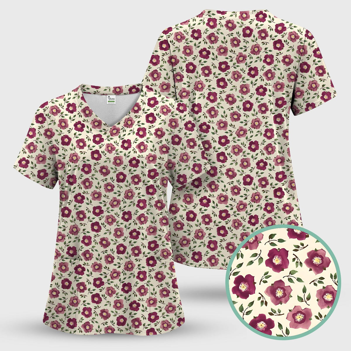 Purple Floral Blossom Leaf Pattern Scrub Top, Comfortable Scrubs for Nurses