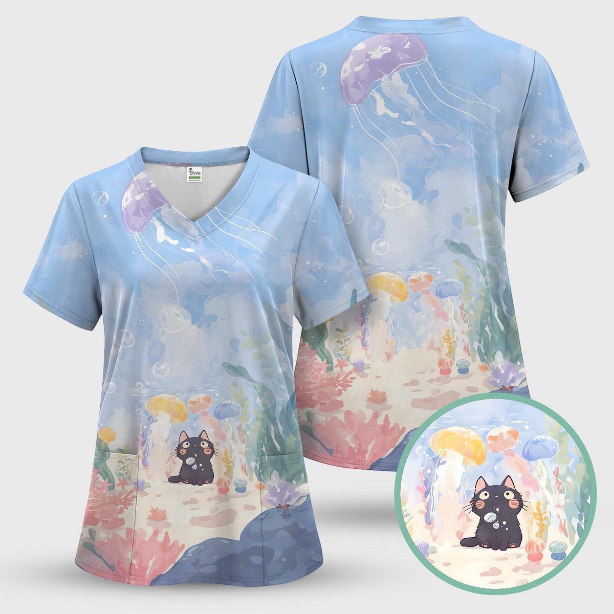 Underwater Black Cat Jellyfish Nurse Scrub Set