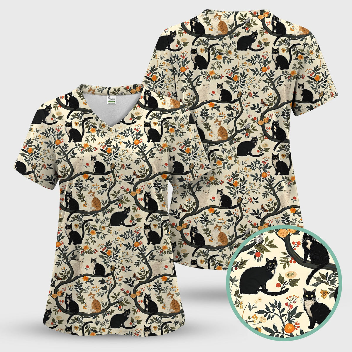 Vintage Black Cat Floral Nurse Scrub Set