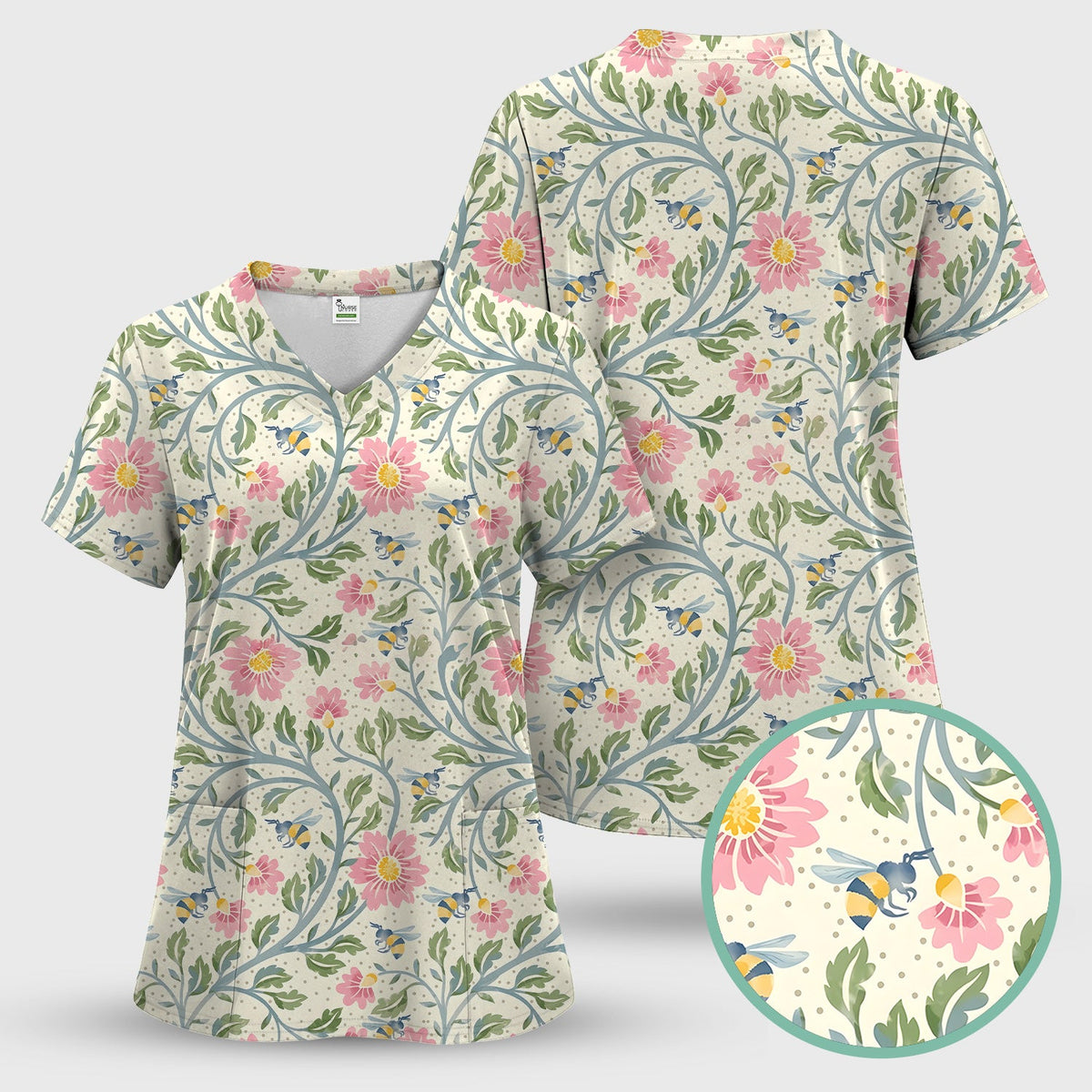 Floral Bee Garden Nurse Scrub Top