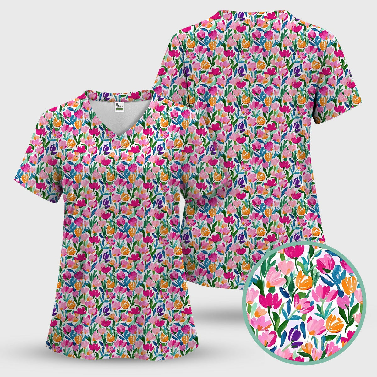 Vibrant Tulip Meadow Pattern Scrub Set, Scrub Pants and V Neck Top