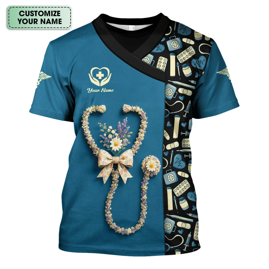 Personalized Colorful Floral Heart Nurse Scrub Top