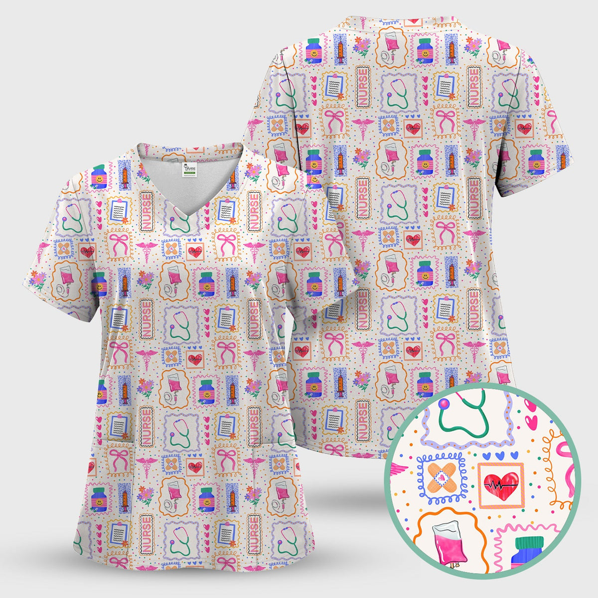 Colorful Nurse Medical Icon Pattern Scrub Top, Comfortable Scrubs for Nurses