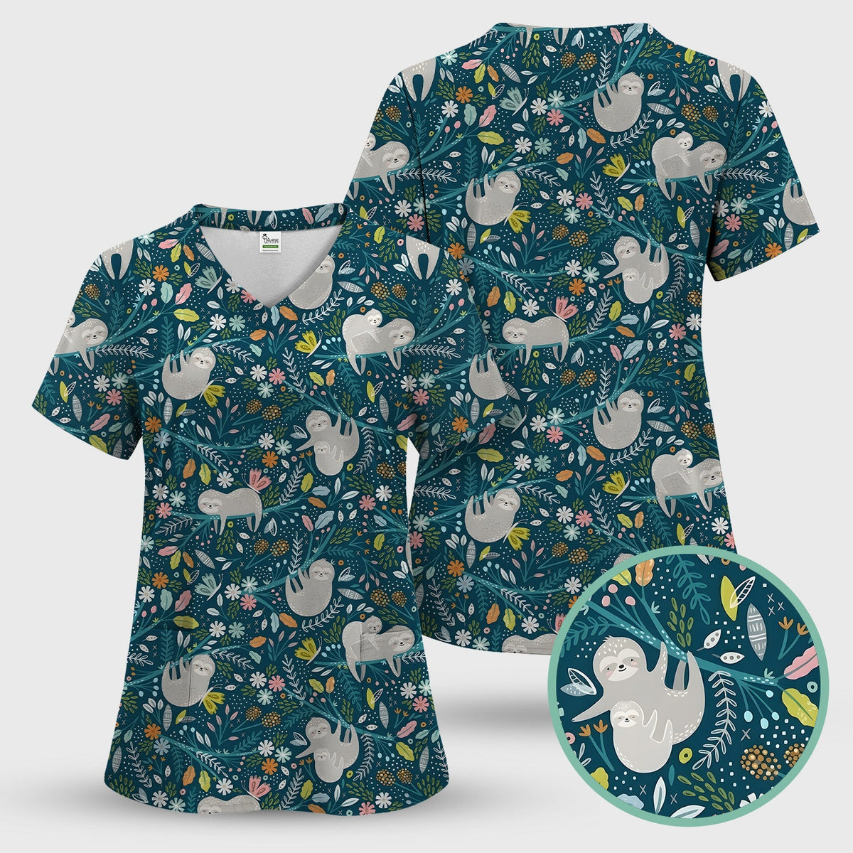 Sloth Jungle Leaf Nurse Scrub Top
