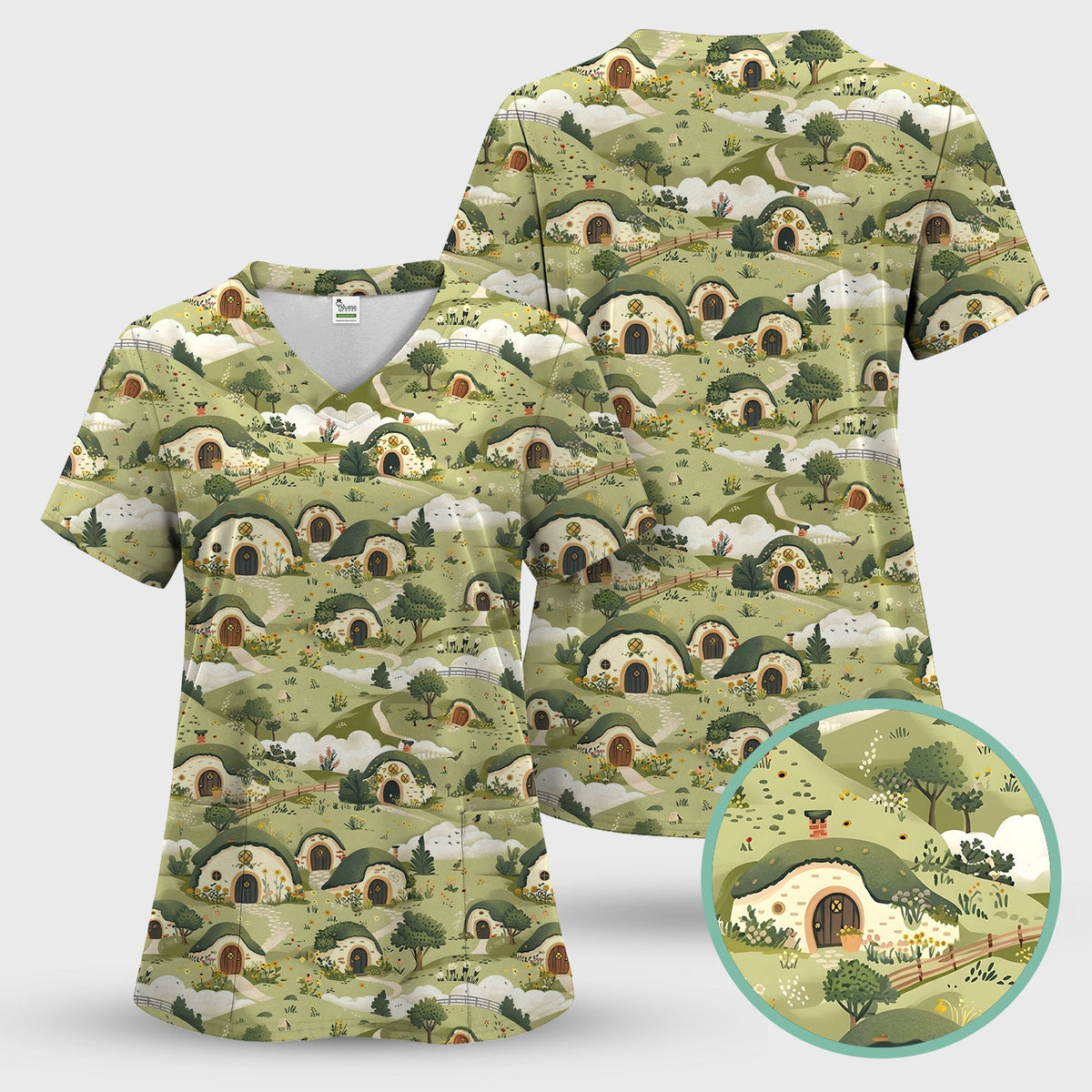 Cozy Hobbit Village Landscape Nurse Scrub Set