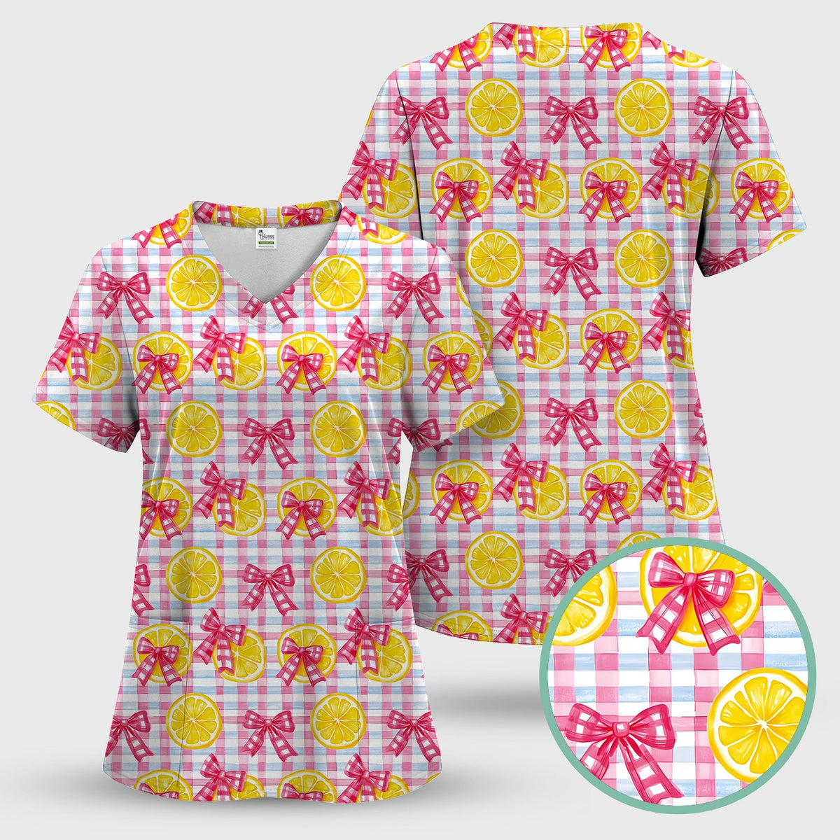 Lemon Slice Pink Bow Gingham Nurse Scrub Top
