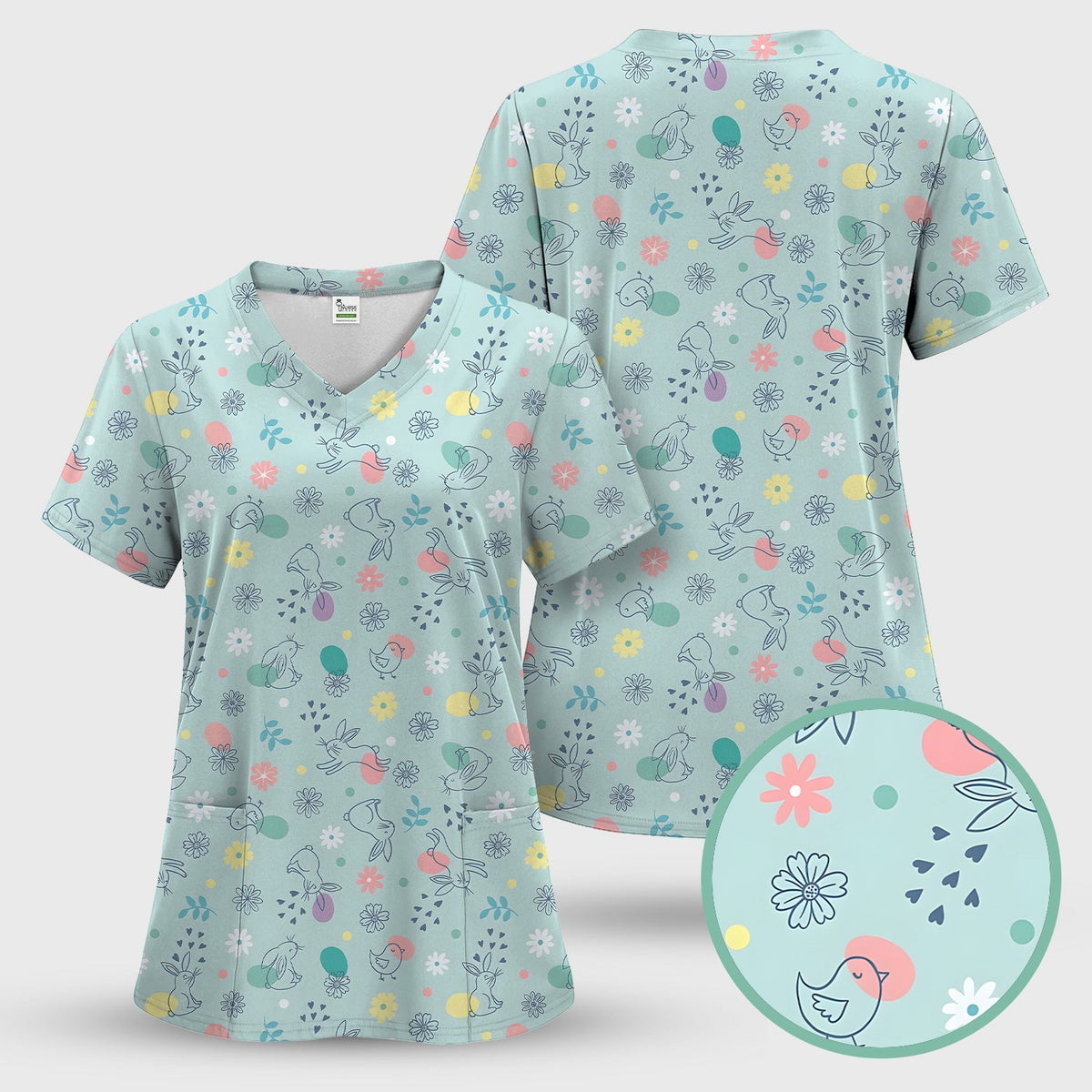 Whimsical Easter Bunny Eggs Nurse Scrub Top