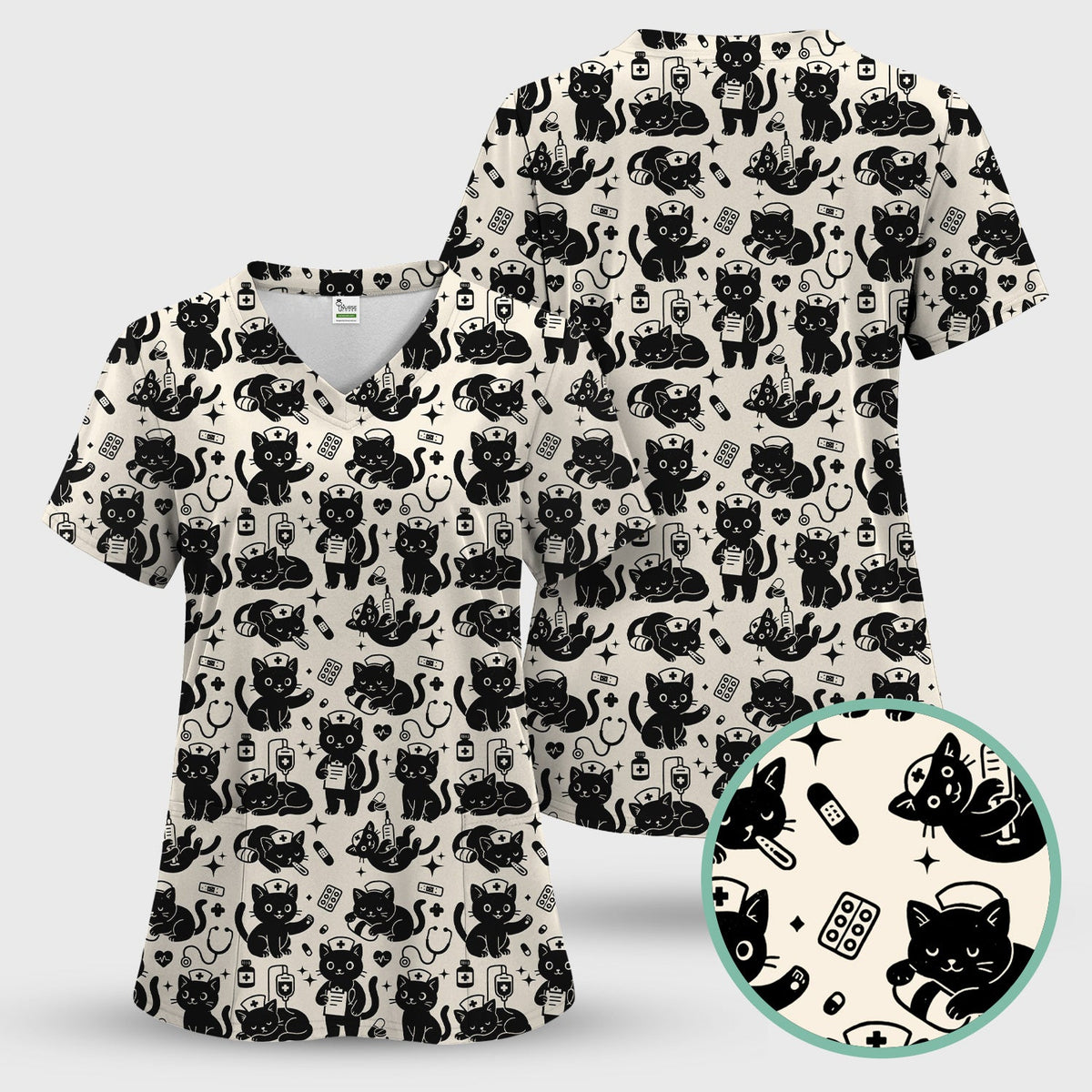 Cute White Black Cat Nurse Scrub Set
