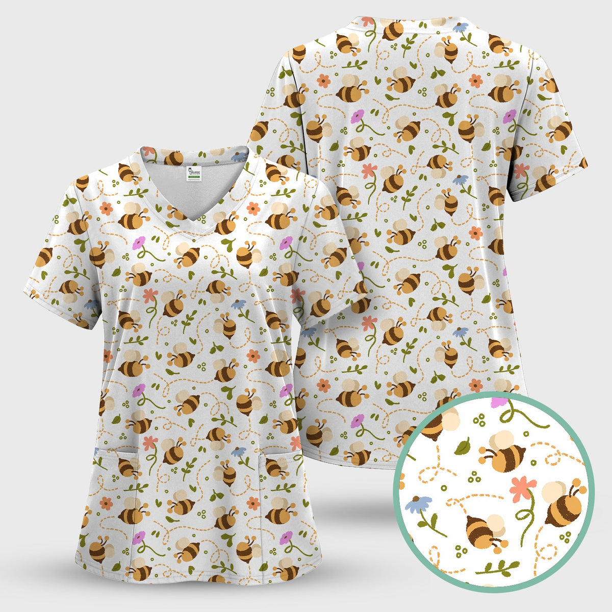 Bee Flying Floral Trail Garden Nurse Scrub Top