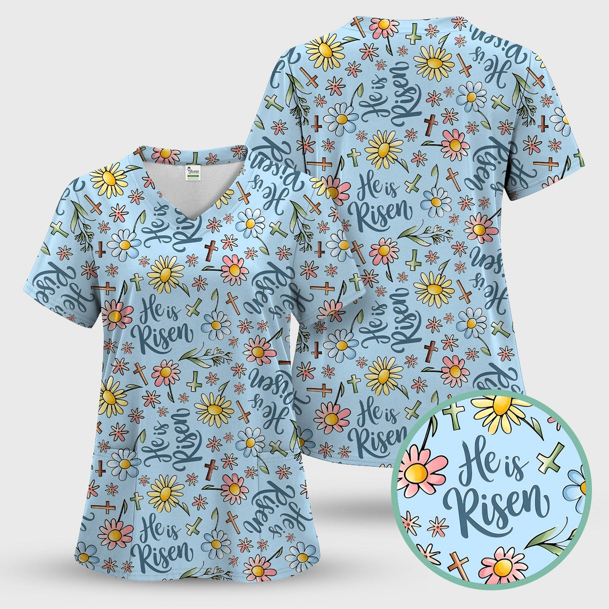 Risen Cross Flower Nurse Scrub Top - Easter Gift