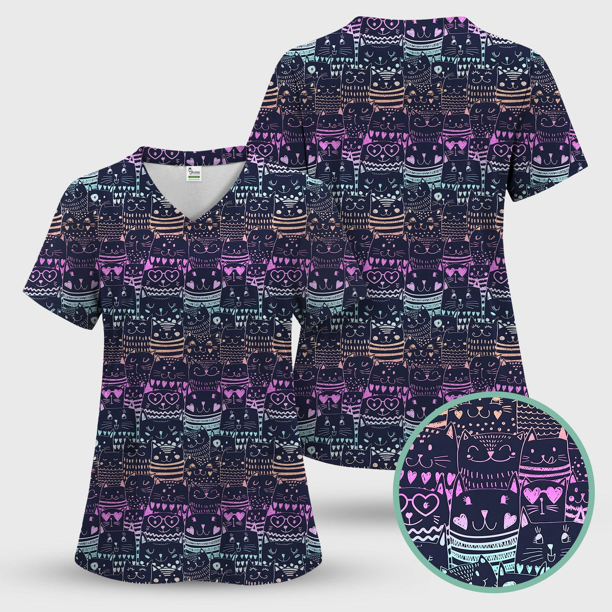 Neon Cat Faces Nurse Scrub Set