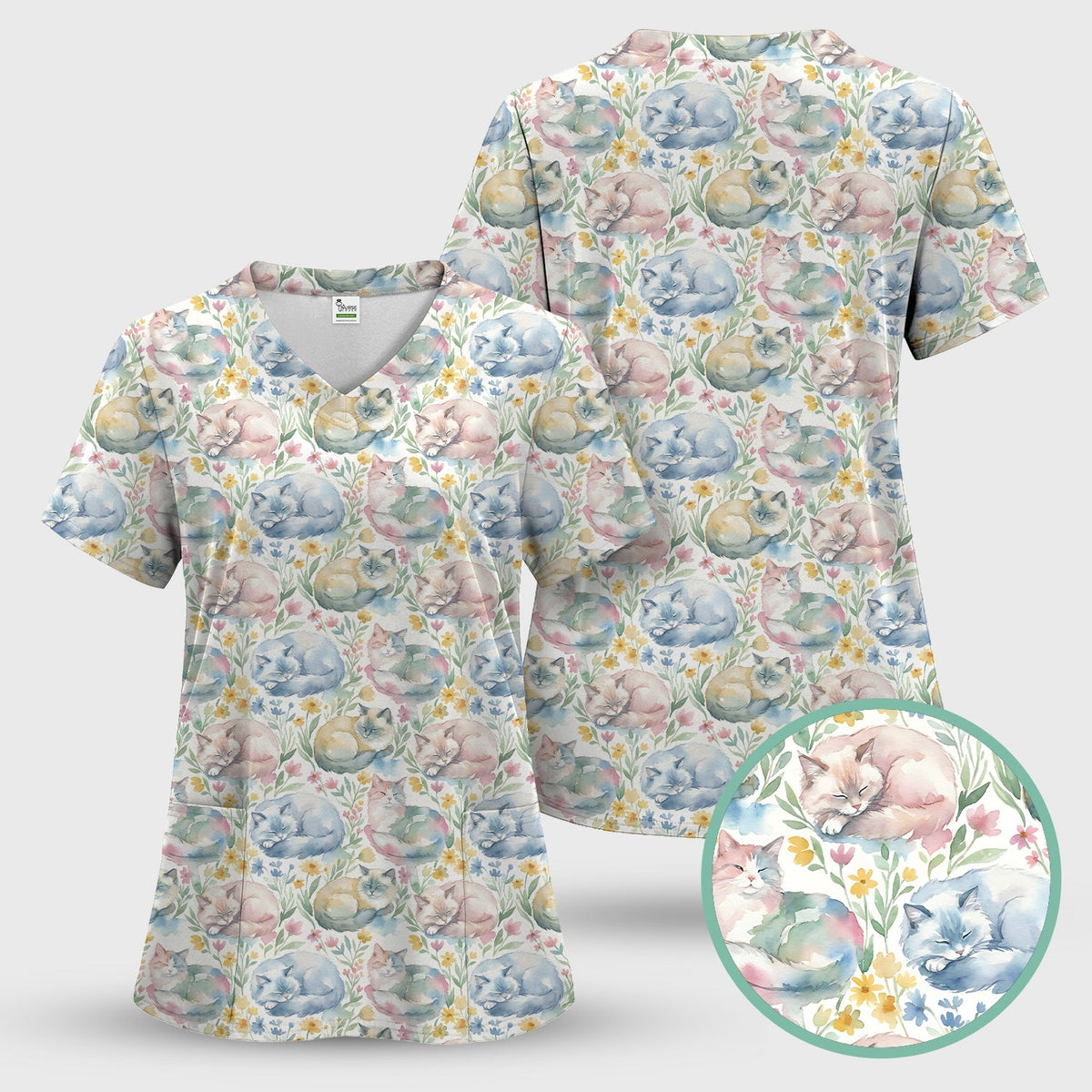 Dreamy Sleeping Cat Floral Nurse Scrub Top