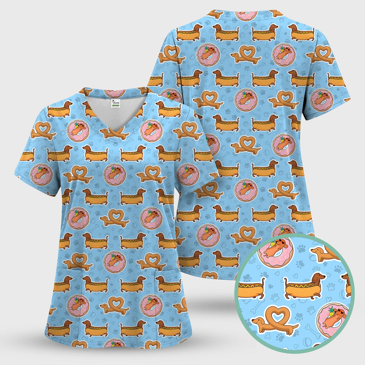 Dachshund Donut Heart Nurse Scrub Top