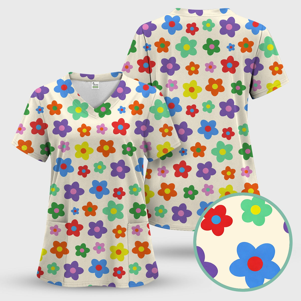 Colorful Retro Flower Nurse Scrub Top