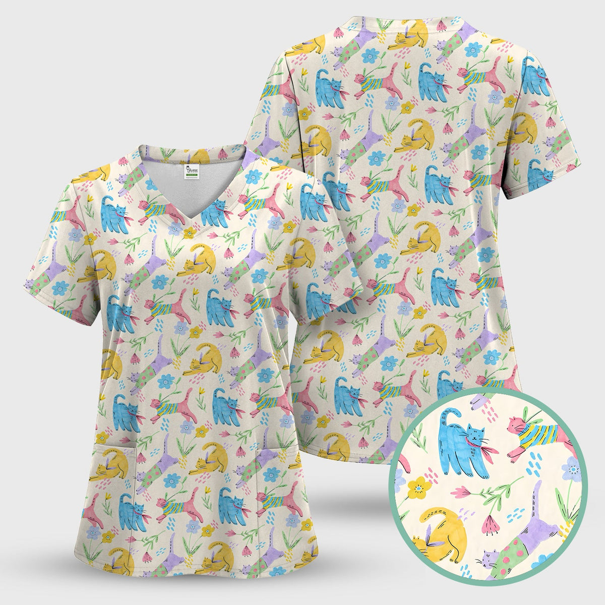 Colorful Cat Floral Nurse Scrub Set