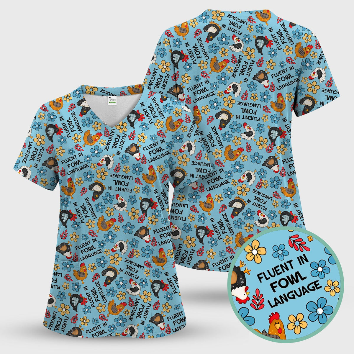 Funny Chicken Fluent in Fowl Language Pattern Scrub Top, Comfortable Scrubs for Nurses