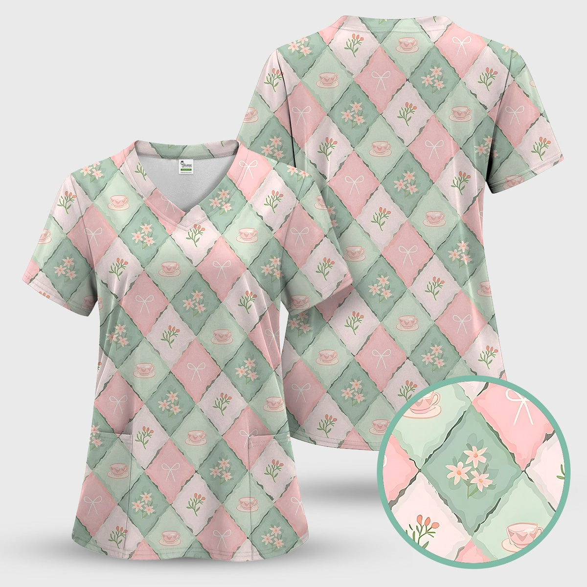 Flowers Tea Cups Nurse Scrub Set
