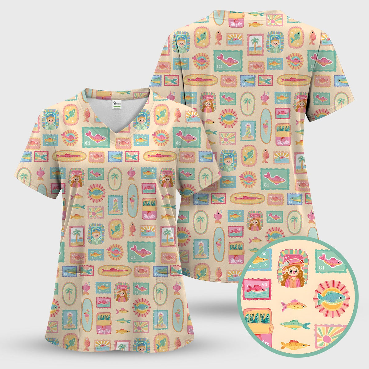 Coastal Vintage Postage Stamp Nurse Scrub Top