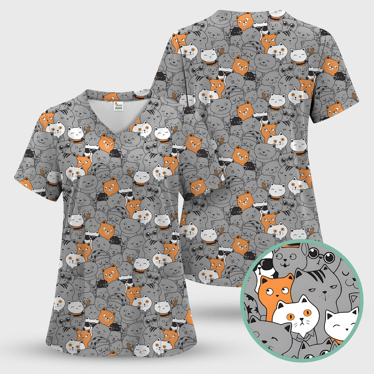 Cats Cute Expressions Nurse Scrub Top