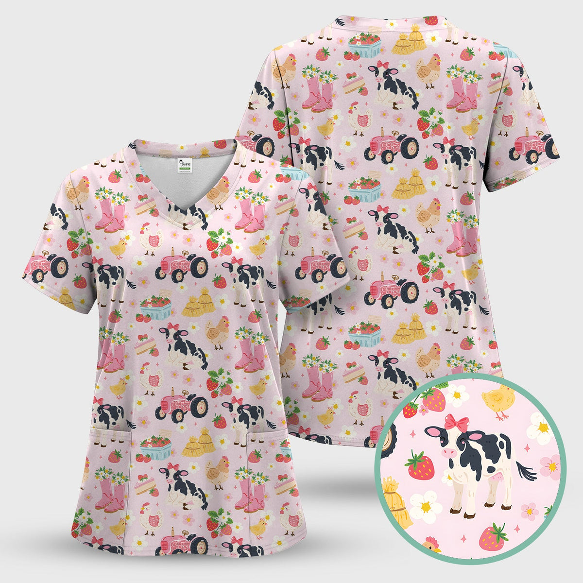 Farm Animals Strawberry Garden Nurse Scrub Top