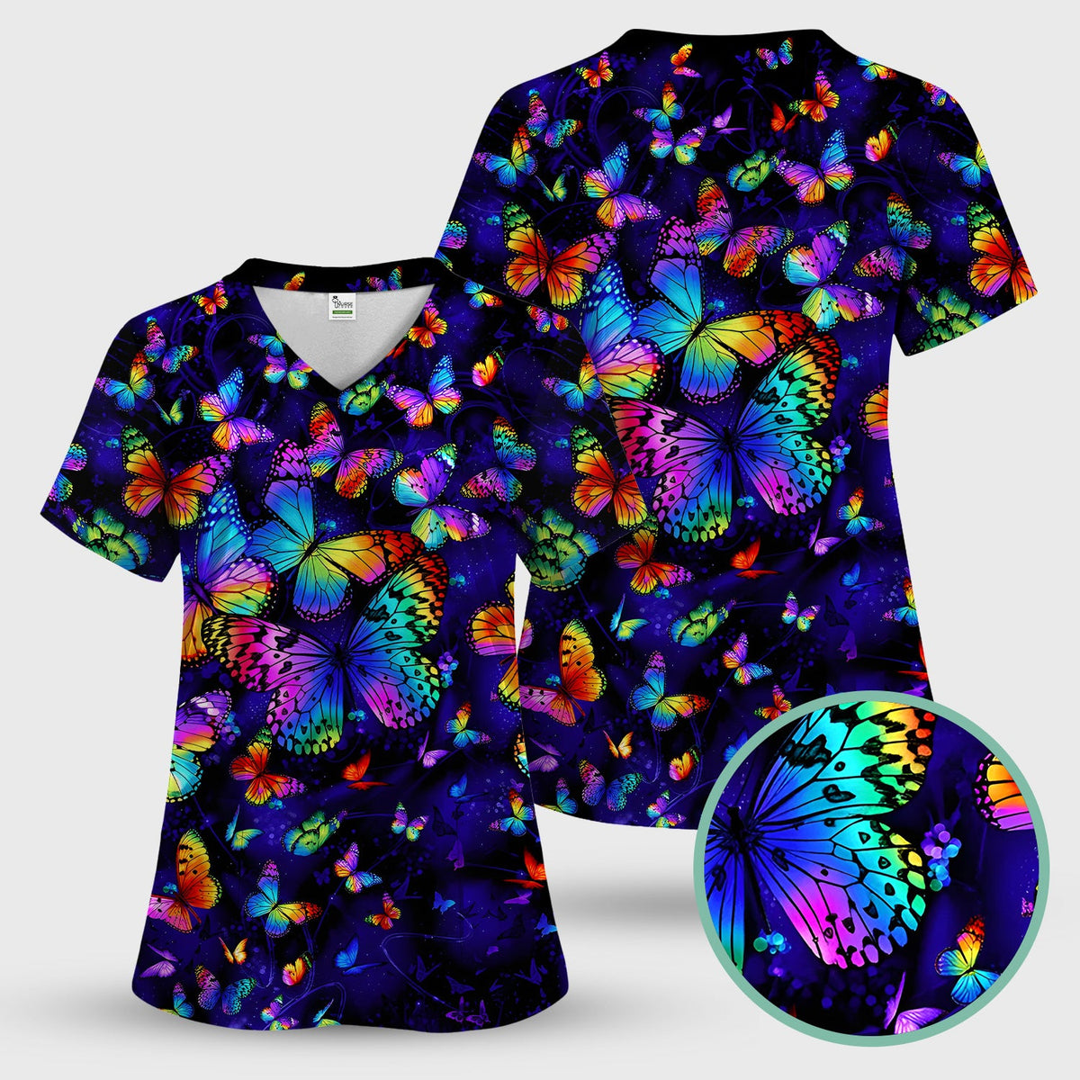 Vibrant Rainbow Butterfly Galaxy Nurse Scrub Set