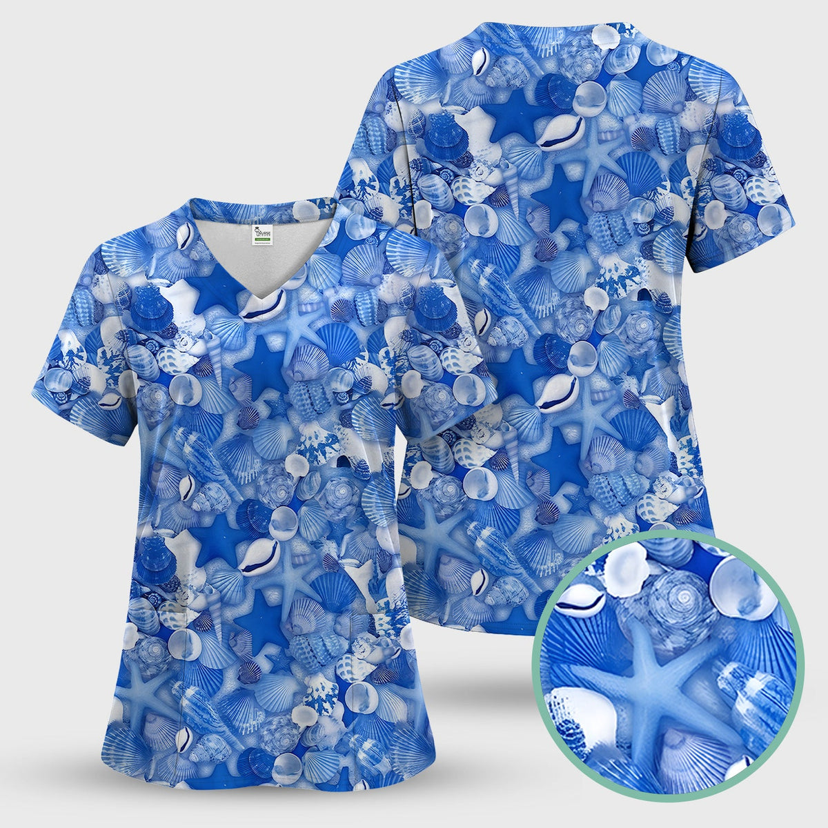 Blue Seashell Starfish Ocean Nurse Scrub Set