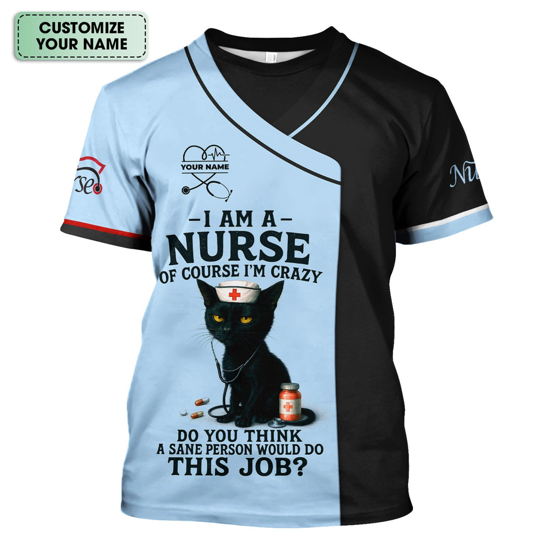 Personalized Black Cat Quote Nurse Scrub Top
