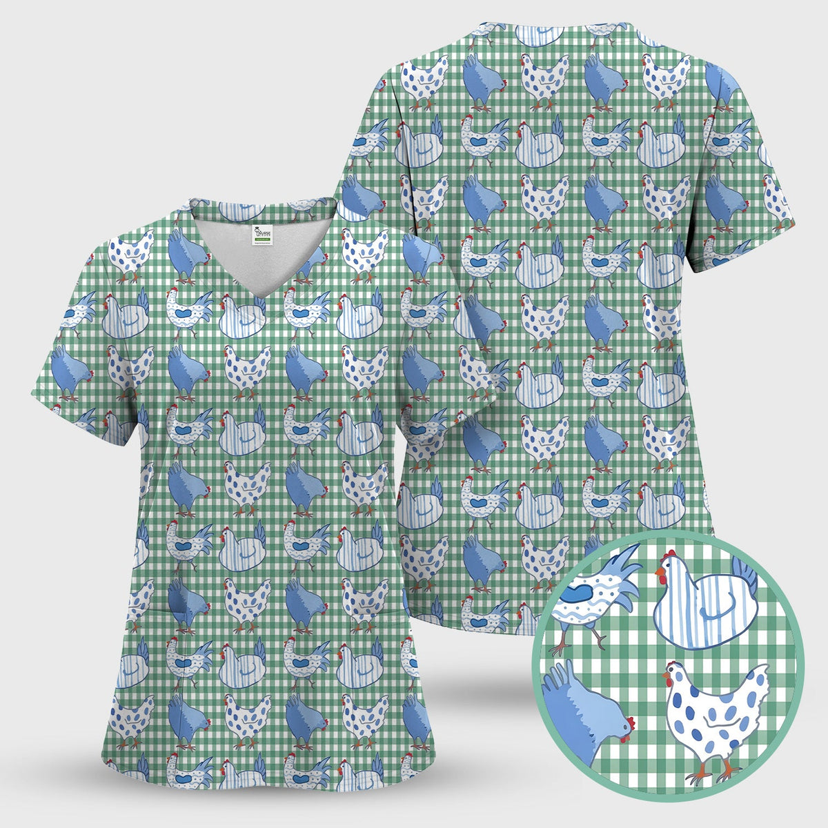 Blue Chicken Gingham Nurse Scrub Top