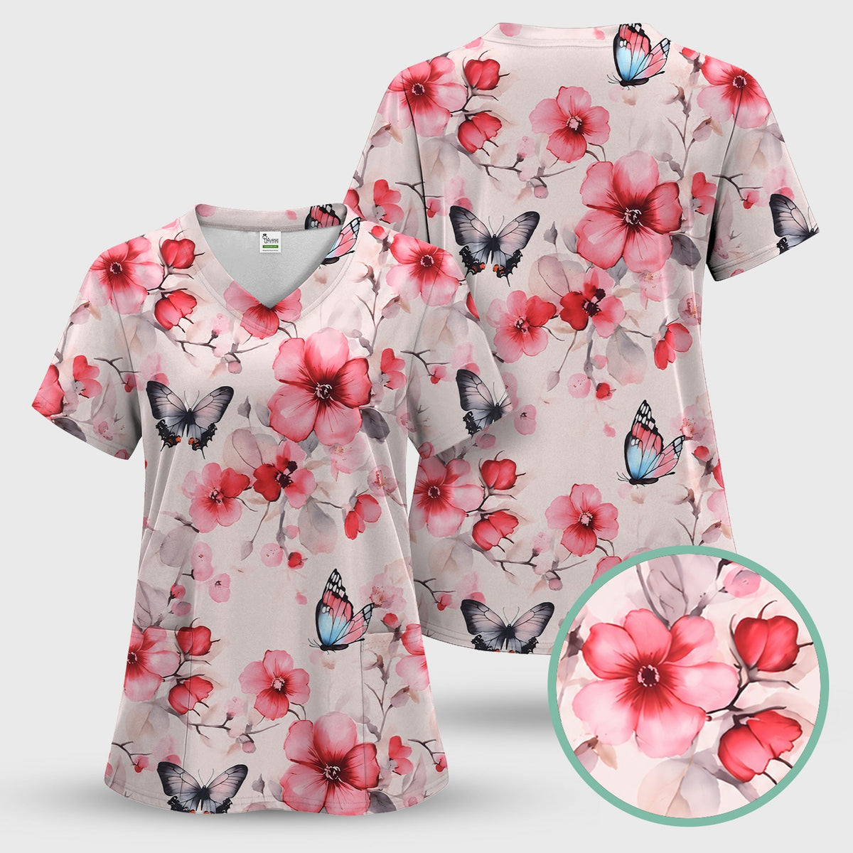 Pink Butterfly Blossom Nurse Scrub Top