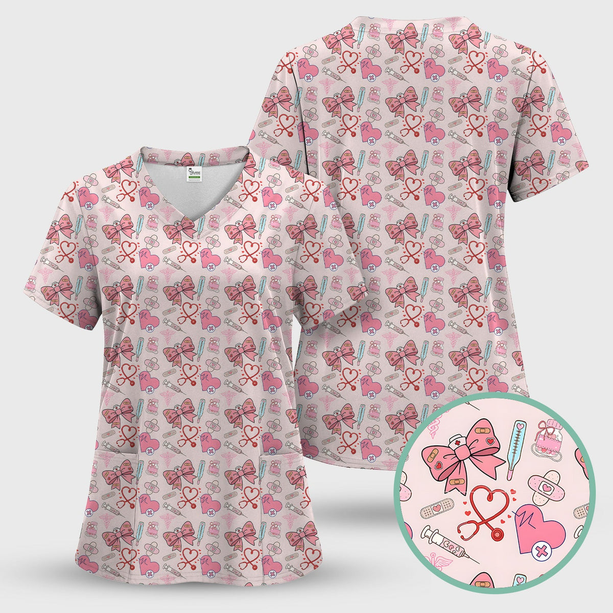 Pink Nurse Bow Heart Scrub Set