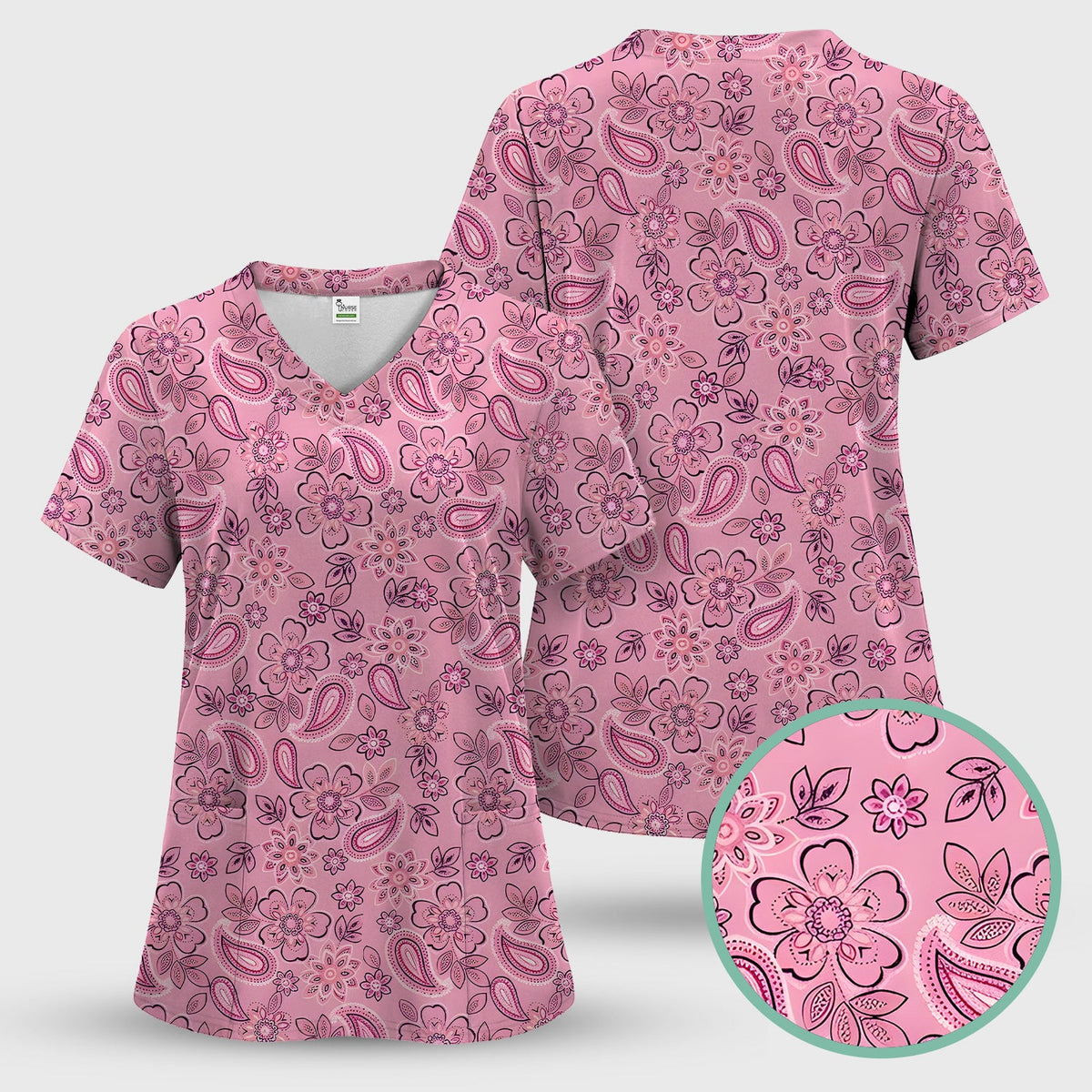 Pink Paisley Floral Nurse Scrub Top
