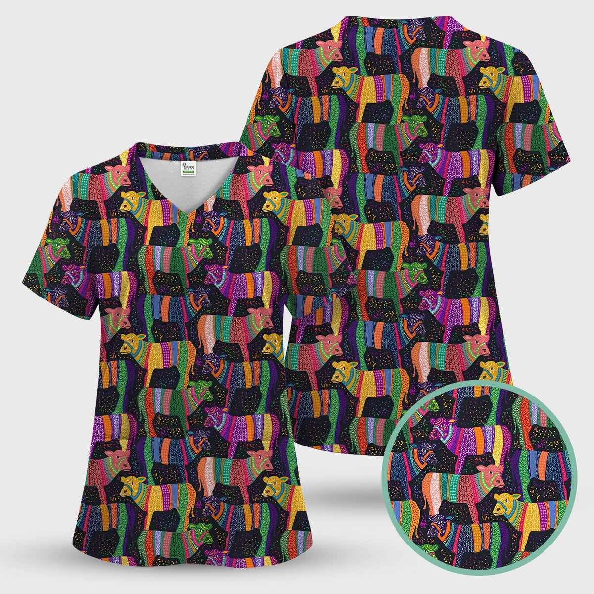 Vibrant Patchwork Rainbow Cow Nurse Scrub Top