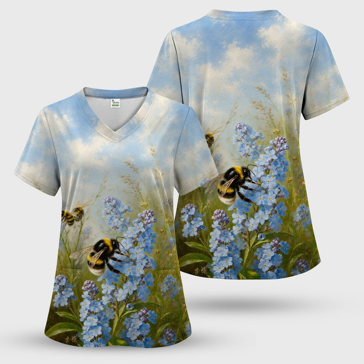 Whimsical Bumblebee Blue Blossom Nurse Scrub Top