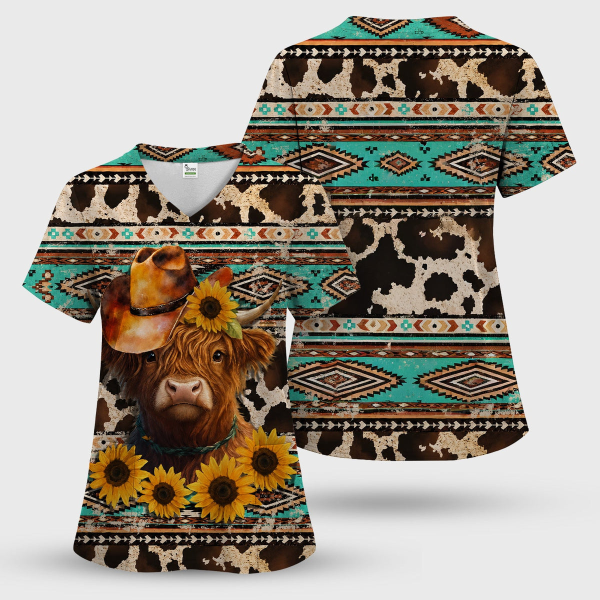 Western Highland Cow Sunflowers Nurse Scrub Top