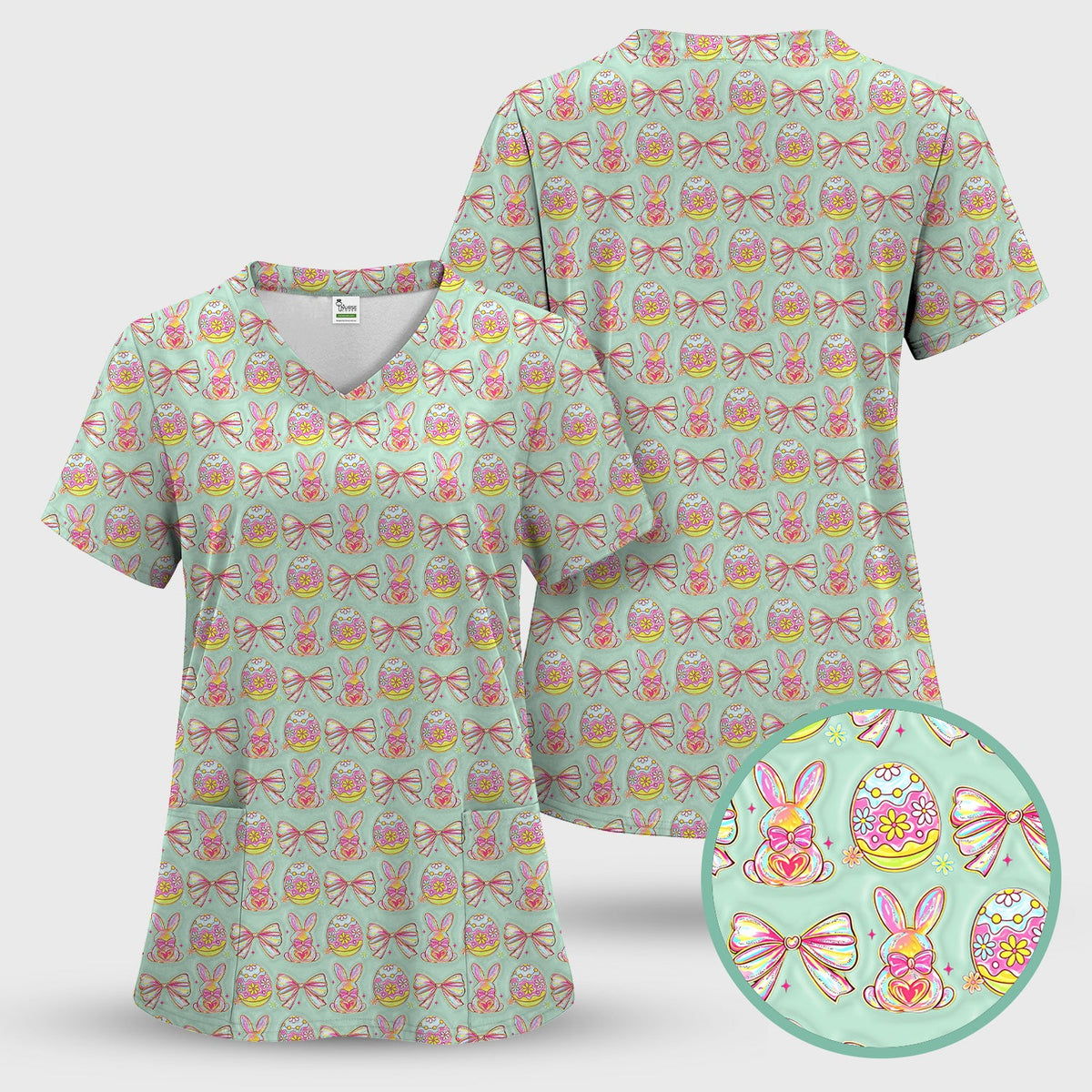 Bunny Pastel Egg Bow Nurse Scrub Top - Easter Gift