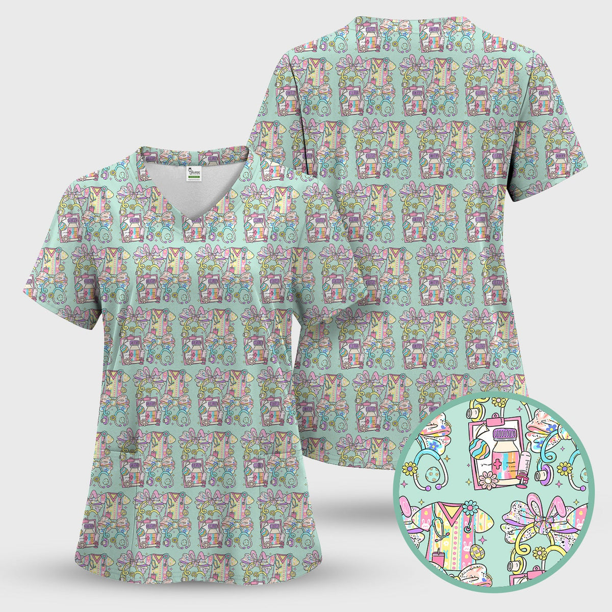 Colorful Nurse Scrub Supplies Pattern Scrub Top, Breathable Fabrics Nursing Uniform