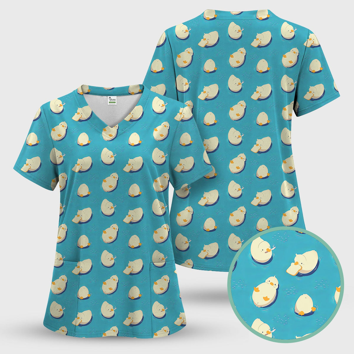 Cute Blue Duck Pond Nurse Scrub Top