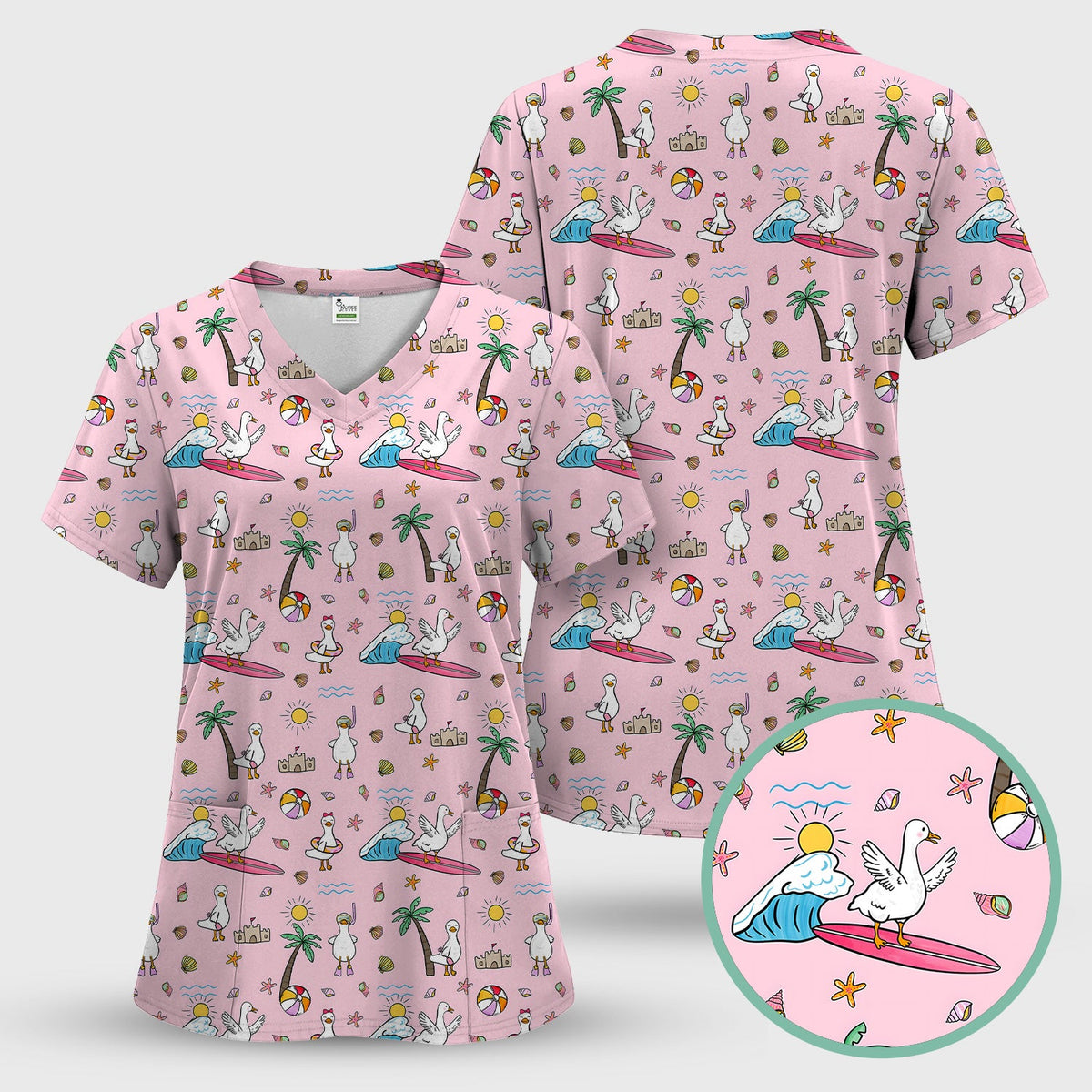 Seagull Surfboard Beach Palm Tree Nurse Scrub Top