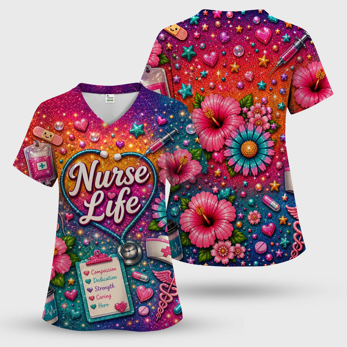 Colorful Nurse Life Heart Scrub Top