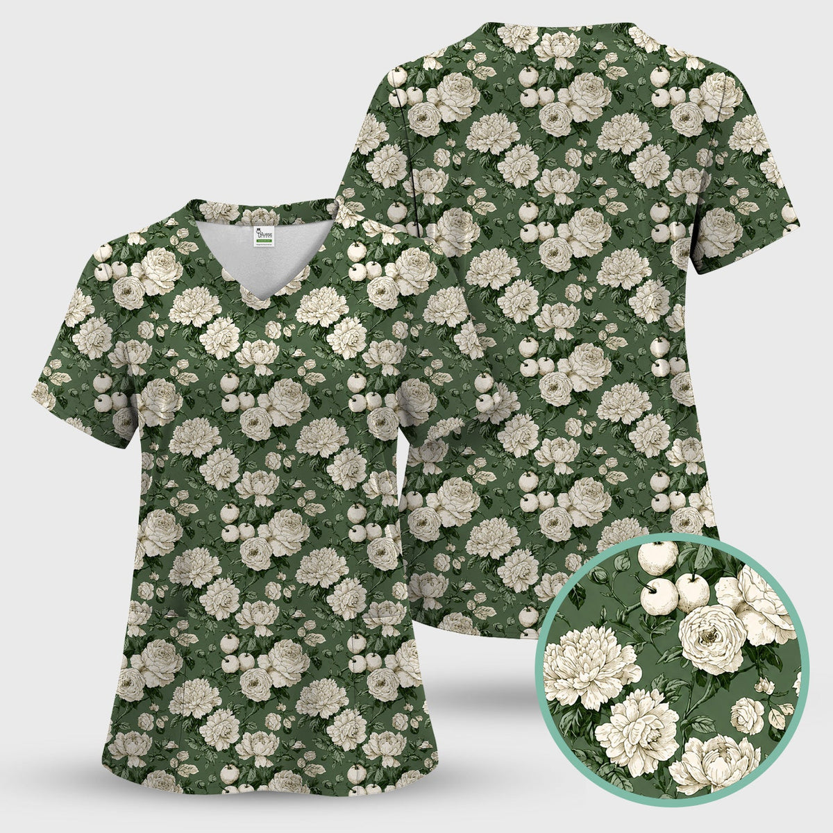 Elegant White Rose Garden Nurse Scrub Top