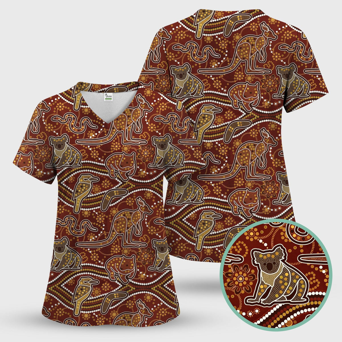 Australian Kangaroo Koala Aboriginal Nurse Scrub Top