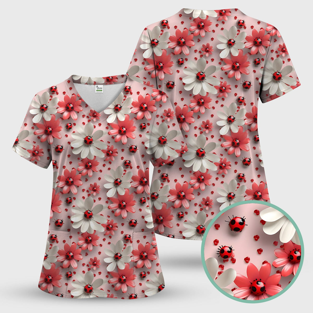 Red Ladybug Flower Nurse Scrub Set